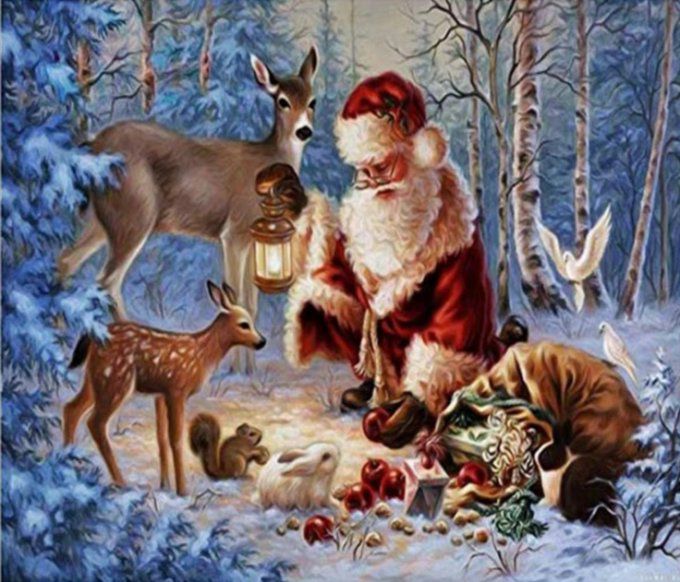 Broderie diamant Père noël et ses biches - 40x50 cm - complète - diamants carré