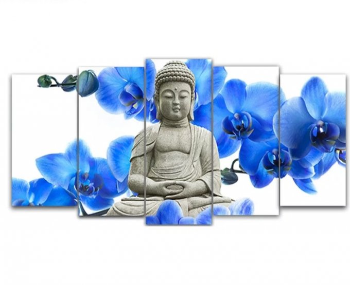 Broderie diamant triptyque Bouddha Orchidée Bleu - complète - diamants carré 