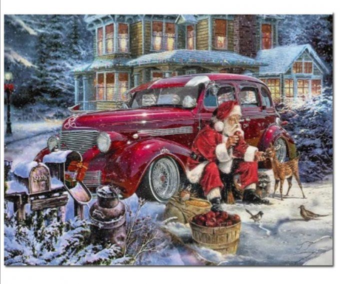 Broderie diamant Père noël et sa voiture - 40x50 cm - complète - diamants carré