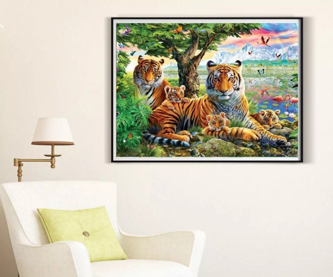 Broderie diamant La famille tigre - 50x65 cm - complète - diamants carré