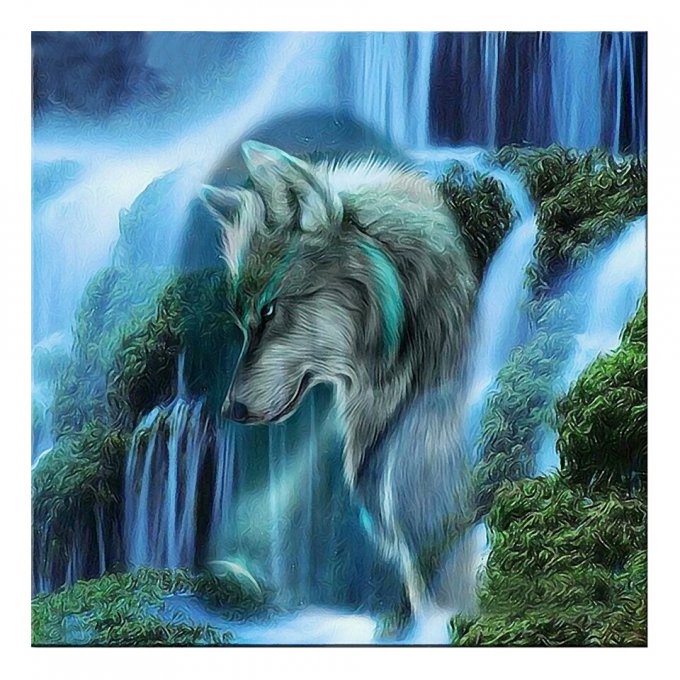 Broderie diamant loup cascade - 35x35 cm - partielle - diamants ronds