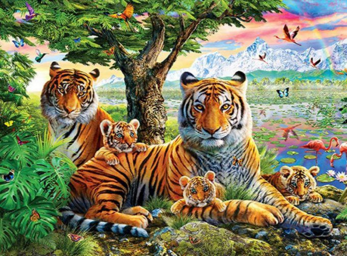 Broderie diamant La famille tigre - 50x65 cm - complète - diamants carré