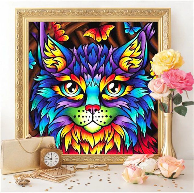 Broderie diamant Chat multicolore - 50x50 cm - complète - diamants carré 