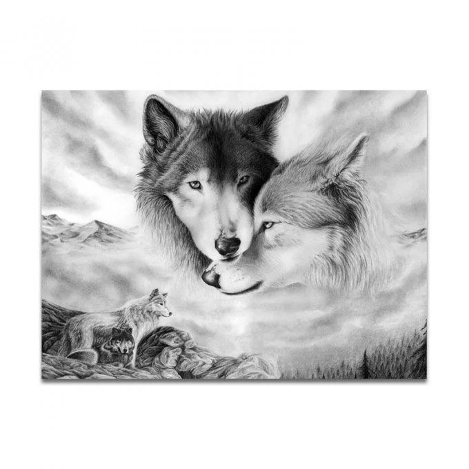 Broderie diamant Couple loup - 40x53 cm - complète - diamants ronds