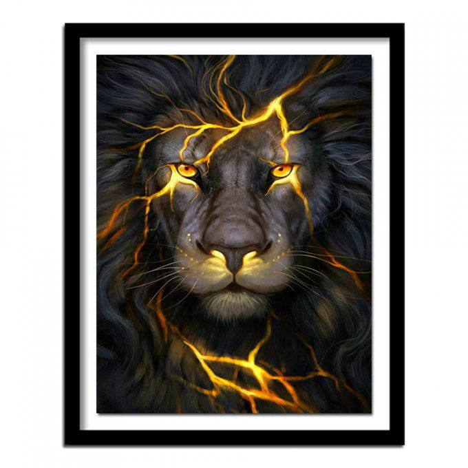 Broderie diamant Tête de lion noir - 40x60 cm - complète - diamants carré