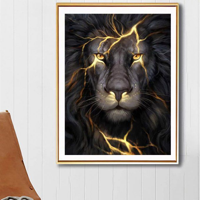 Broderie diamant Tête de lion noir - 40x60 cm - complète - diamants carré