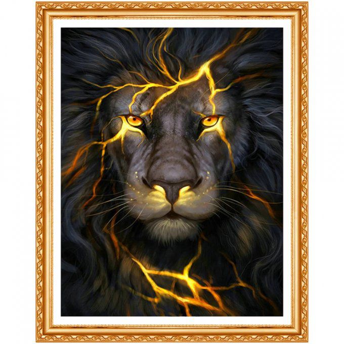 Broderie diamant Tête de lion noir - 40x60 cm - complète - diamants carré