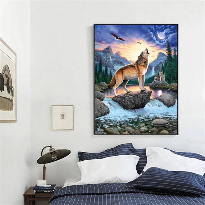 Broderie diamant Loup appel de minuit - 40x50 cm - complète - diamants carré