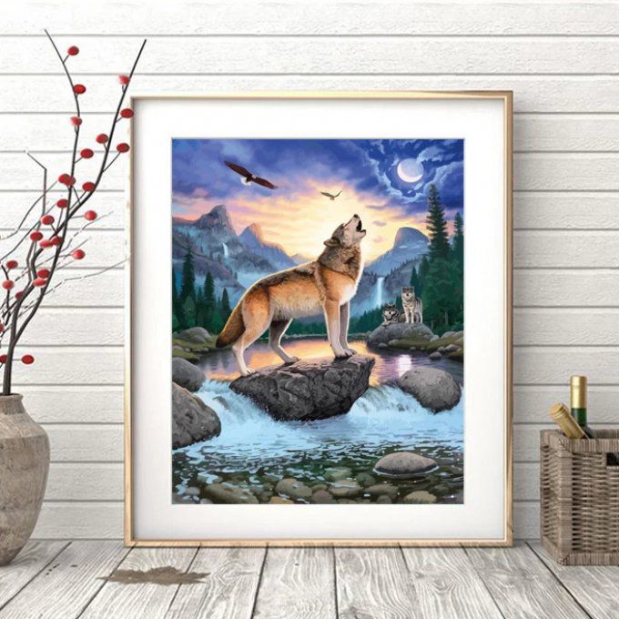 Broderie diamant Loup appel de minuit - 40x50 cm - complète - diamants carré