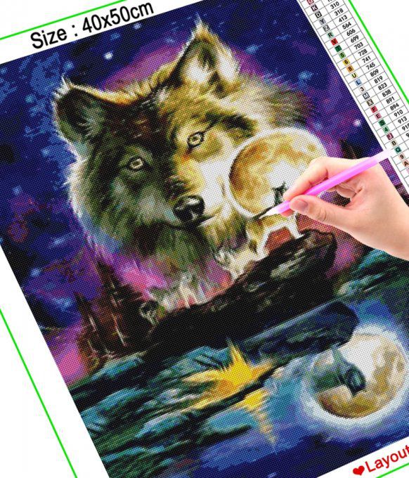 Broderie diamant Loup au clair de lune - 40x60 cm - complète - diamants carré