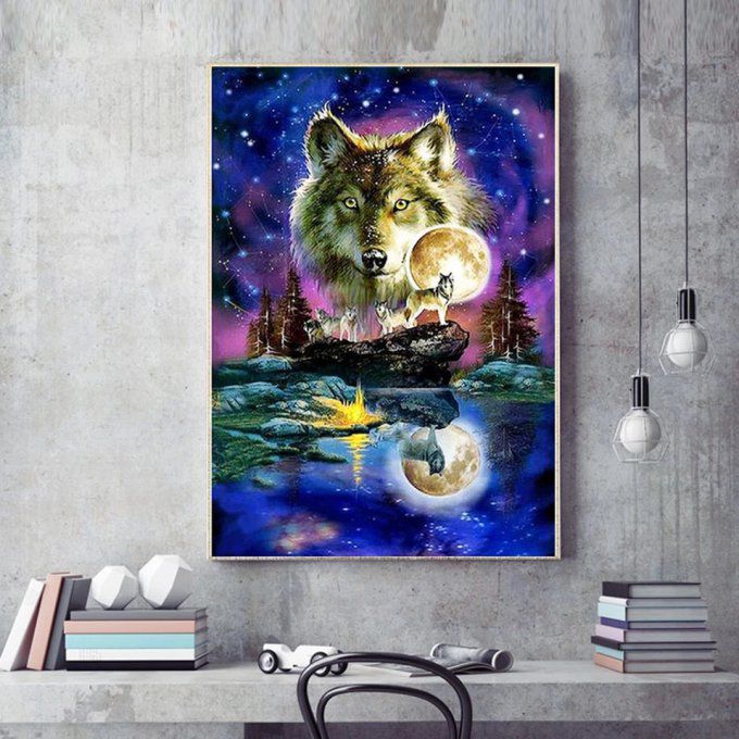 Broderie diamant Loup au clair de lune - 40x60 cm - complète - diamants carré