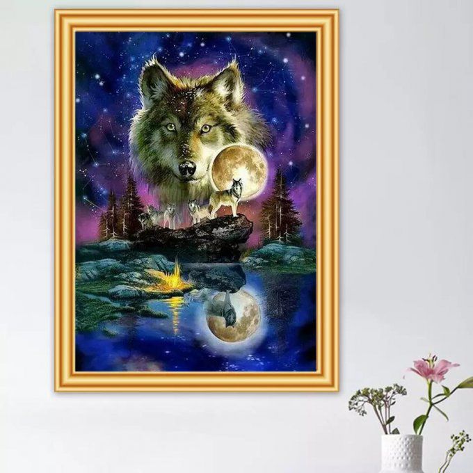 Broderie diamant Loup au clair de lune - 40x60 cm - complète - diamants carré