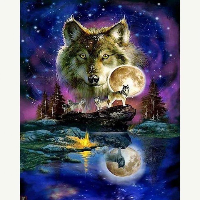 Broderie diamant Loup au clair de lune - 40x60 cm - complète - diamants carré