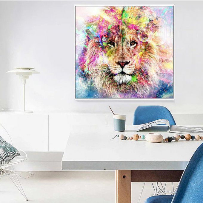 Broderie diamant Tête de Lion en couleur - 50x50 cm - complète - diamants carré 