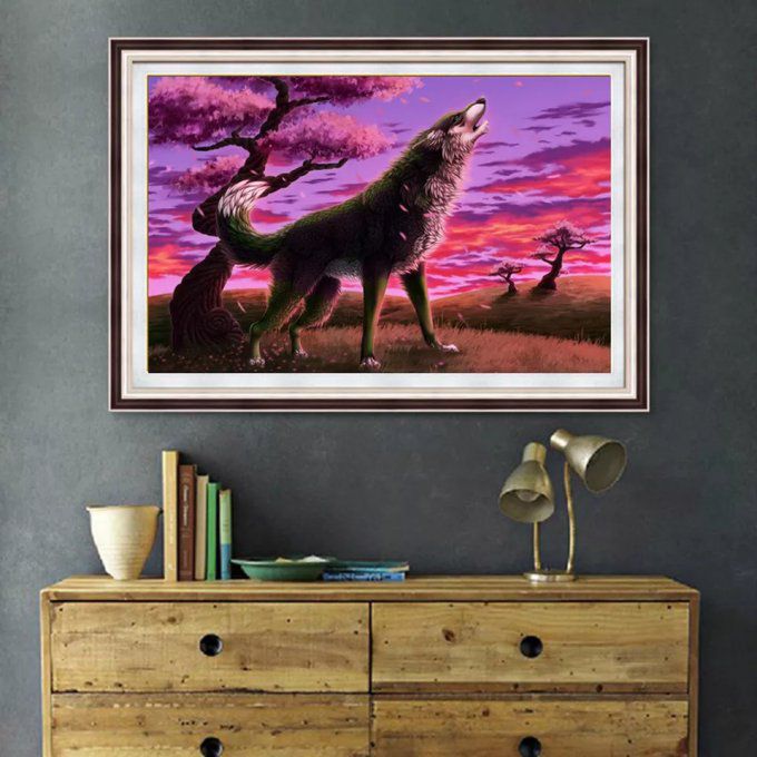 Broderie diamant loup couché de soleil - 30x40 cm - partielle - diamants ronds  