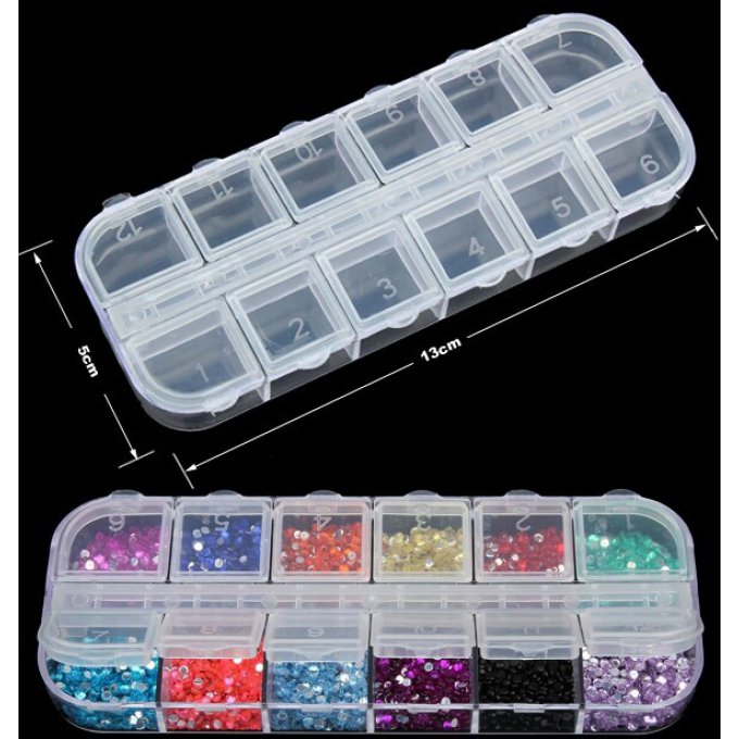 Boite à perles avec 12 compartiments numérotés sur le couvercle, en plastique transparent