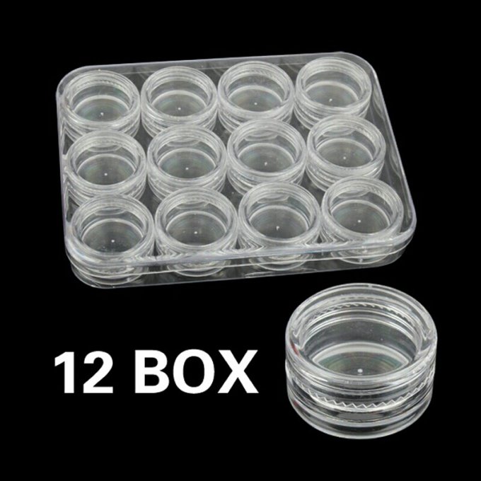Boîte de rangement de 12 pots en plastique – 3g - Transparent