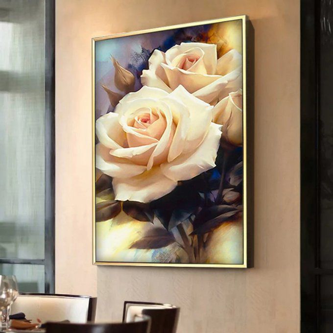 Broderie diamant Rose blanche - 40x55 cm - complète - diamants ronds 